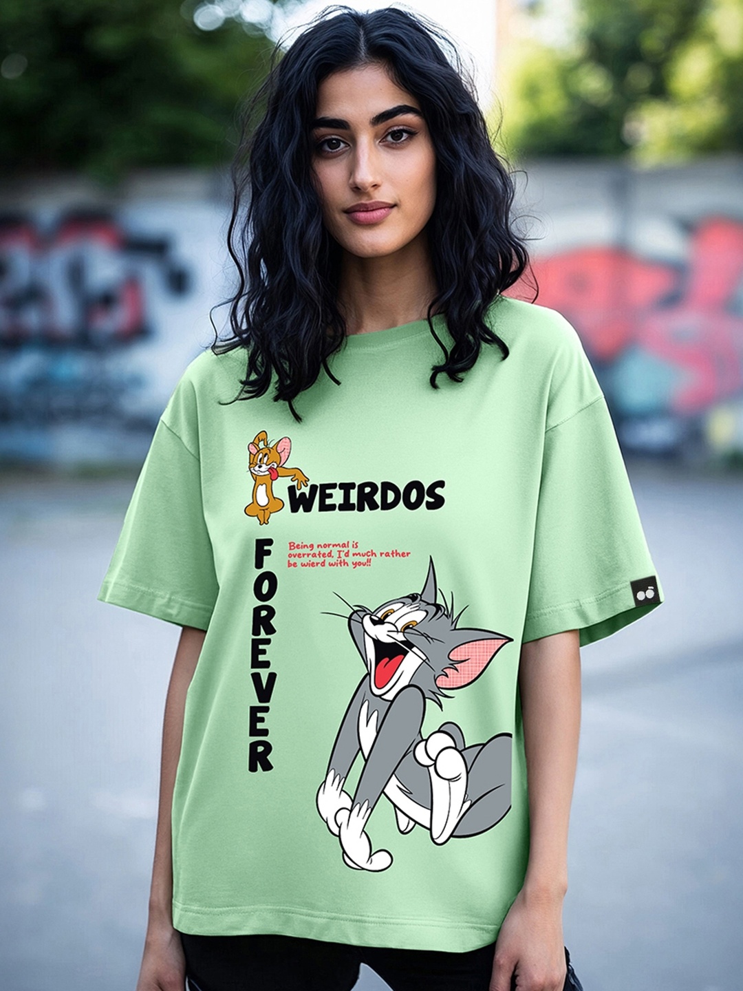 

Bewakoof Women Tom & Jerry Weirdos Forever Graphic Printed Oversized T-shirt, Green