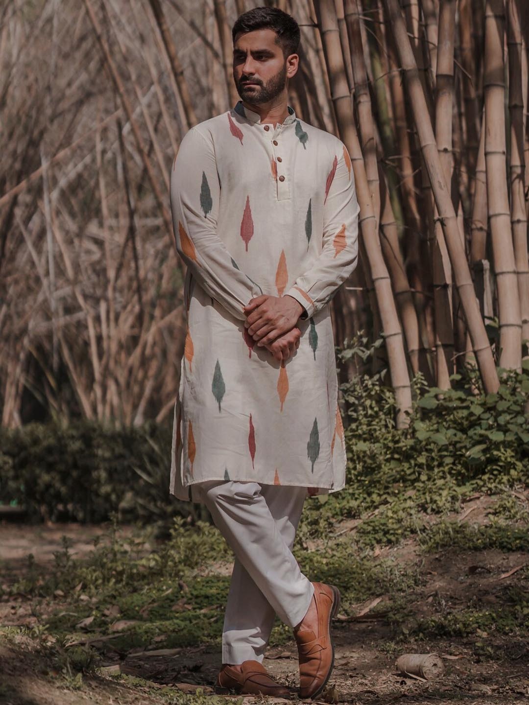 

INPE Mandarin Collar Cotton Kurta, Cream