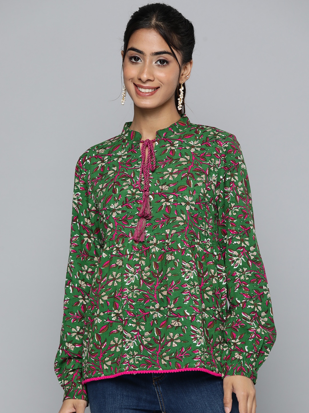 

HERE&NOW Floral Print Tie-Up Neck Puff Sleeves Top, Green