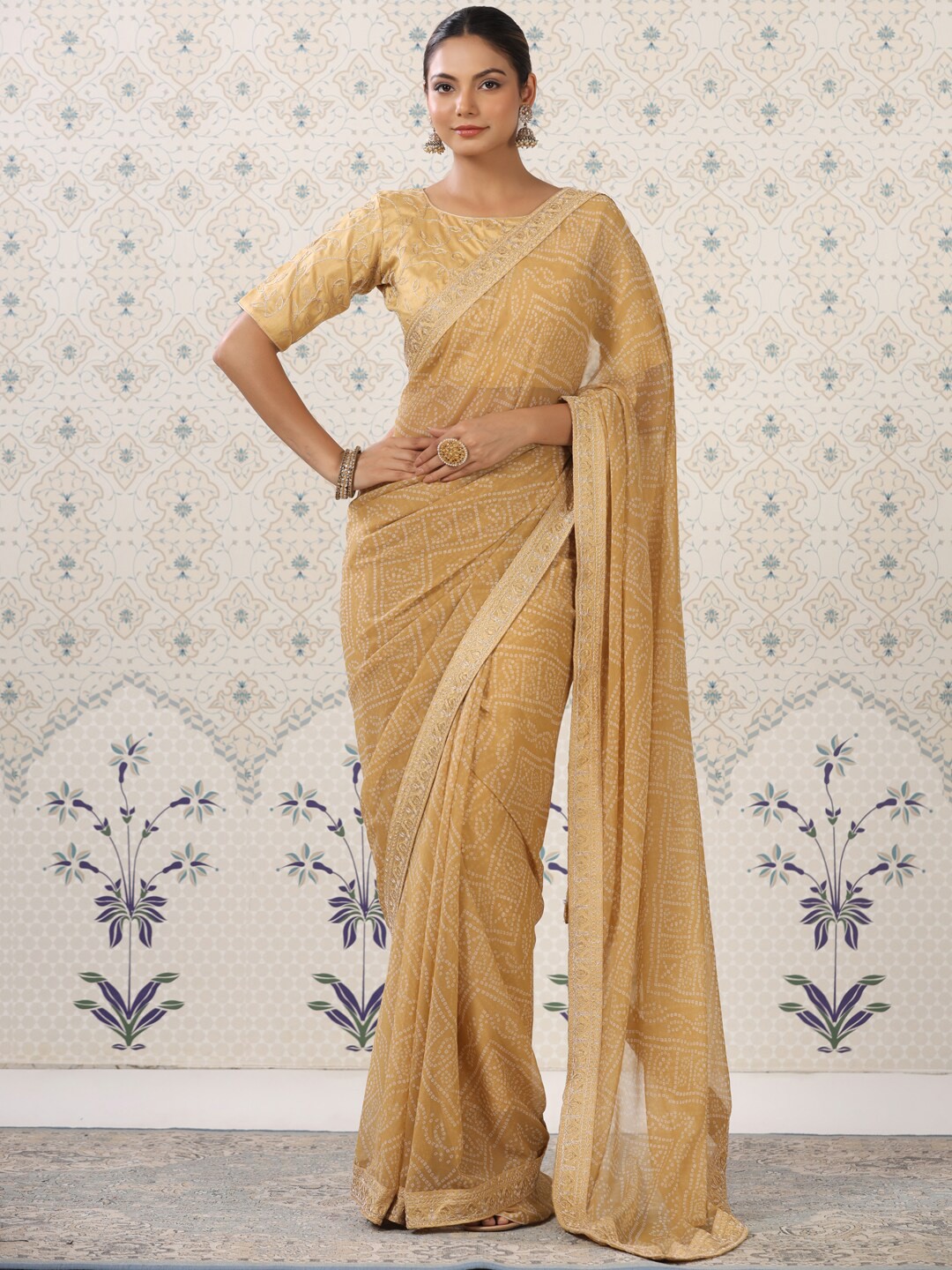 

Ode by House of Pataudi Beige Bandhani Printed Embroidered Pure Georgette Saree