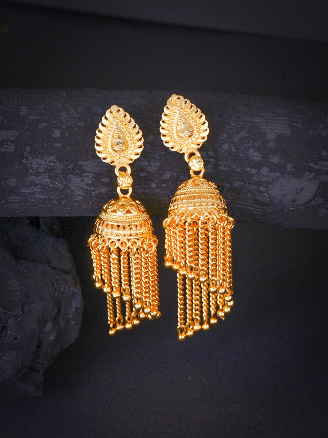 

MEENAZ Gold-Plated Dome Shaped Tasselled Jhumkas