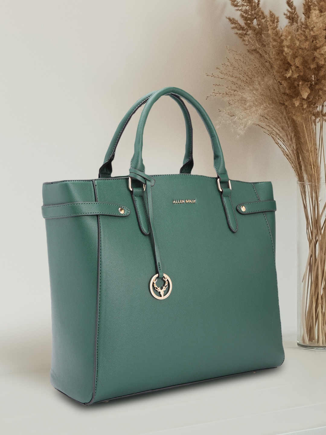 

Allen Solly Solid PU Structured Laptop Handheld Bag with Brand Logo Tasselled Detail, Green