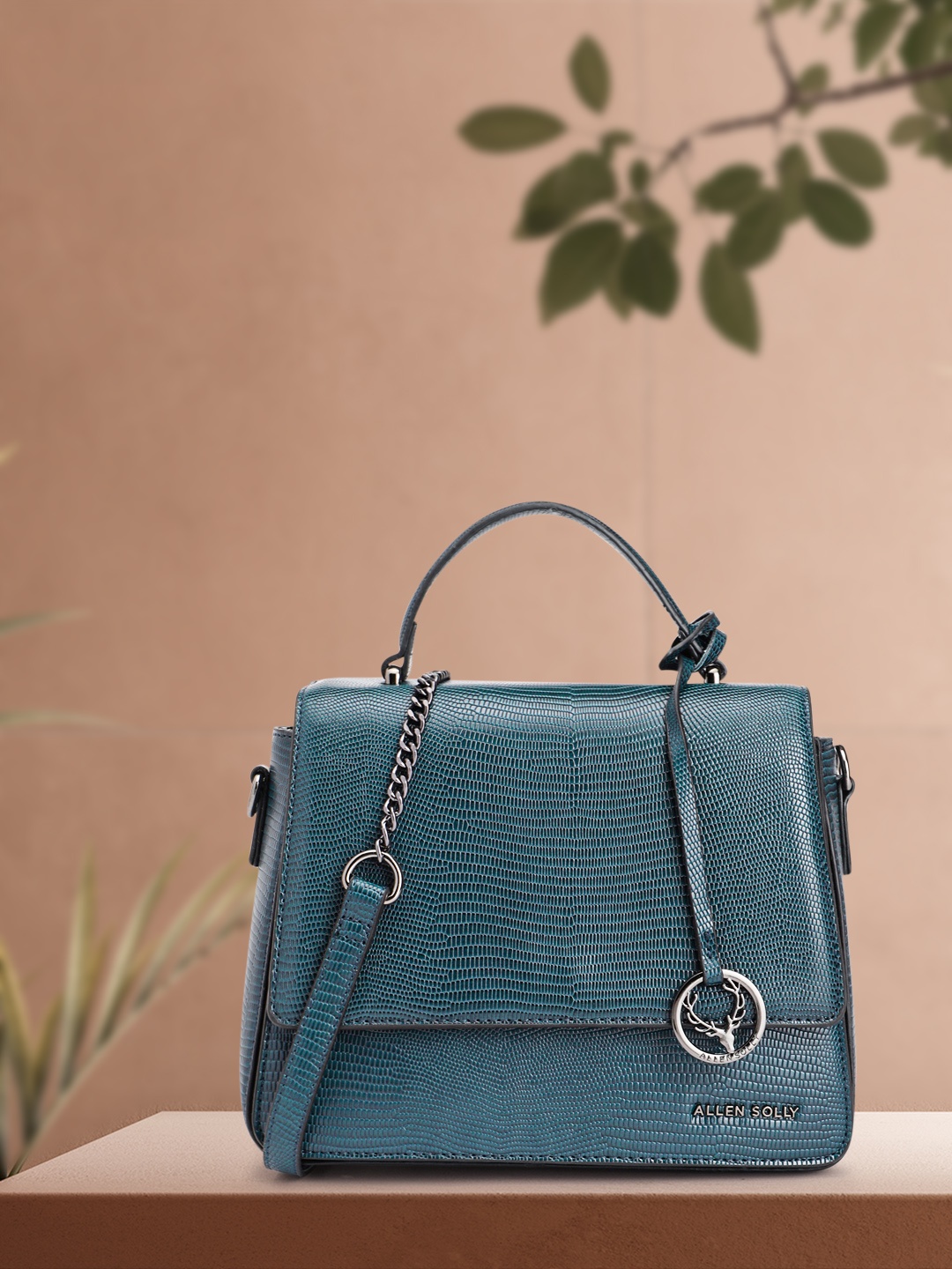 

Allen Solly Snake Skin Textured PU Structured Satchel with Brand Logo Tasselled Detail, Teal