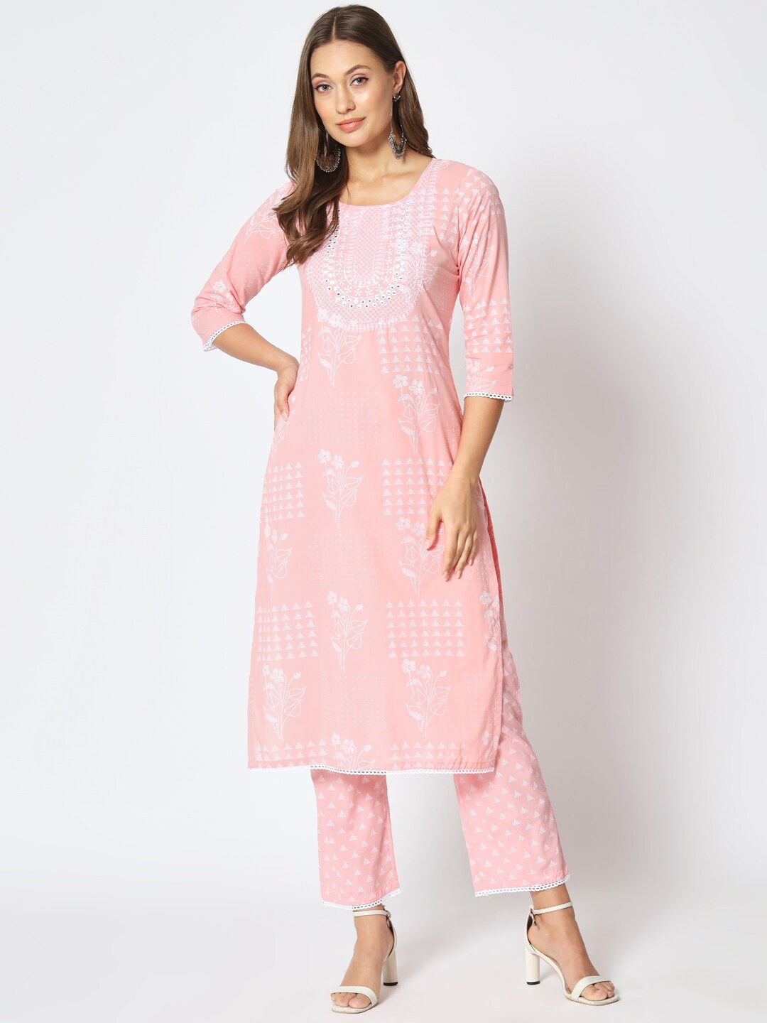 

AMIRAS INDIAN ETHNIC WEAR Ethnic Motifs Printed Mirror Work Pure Cotton Kurta & Trousers, Peach