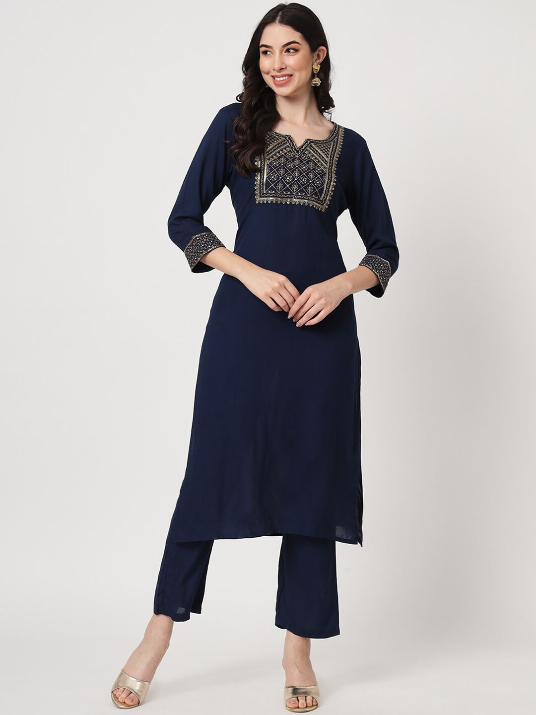 

AMIRAS INDIAN ETHNIC WEAR Ethnic Motifs Yoke Design Kurta with Trousers, Navy blue