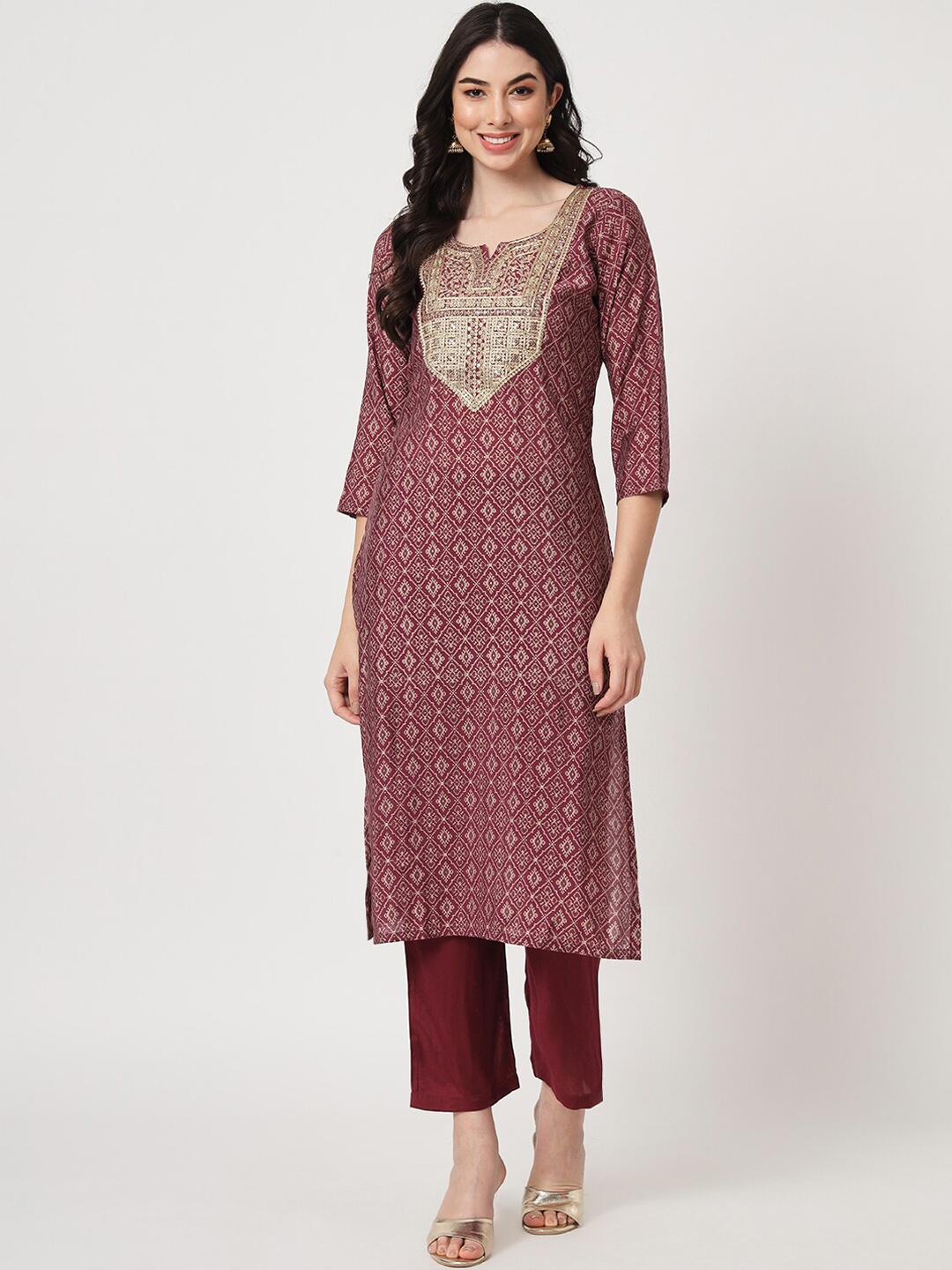 

AMIRAS INDIAN ETHNIC WEAR Ethnic Motifs Printed Zari Pure Silk Kurta with Trousers, Maroon