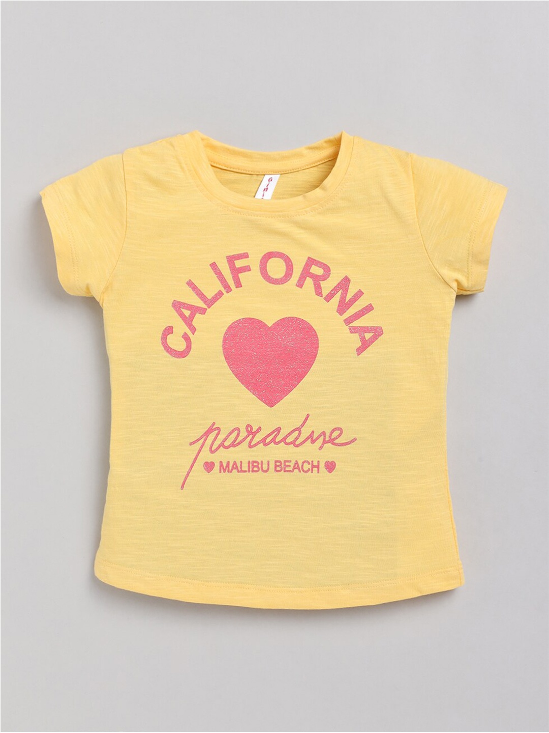 Ginie Girls Yellow Typography Printed T-shirt