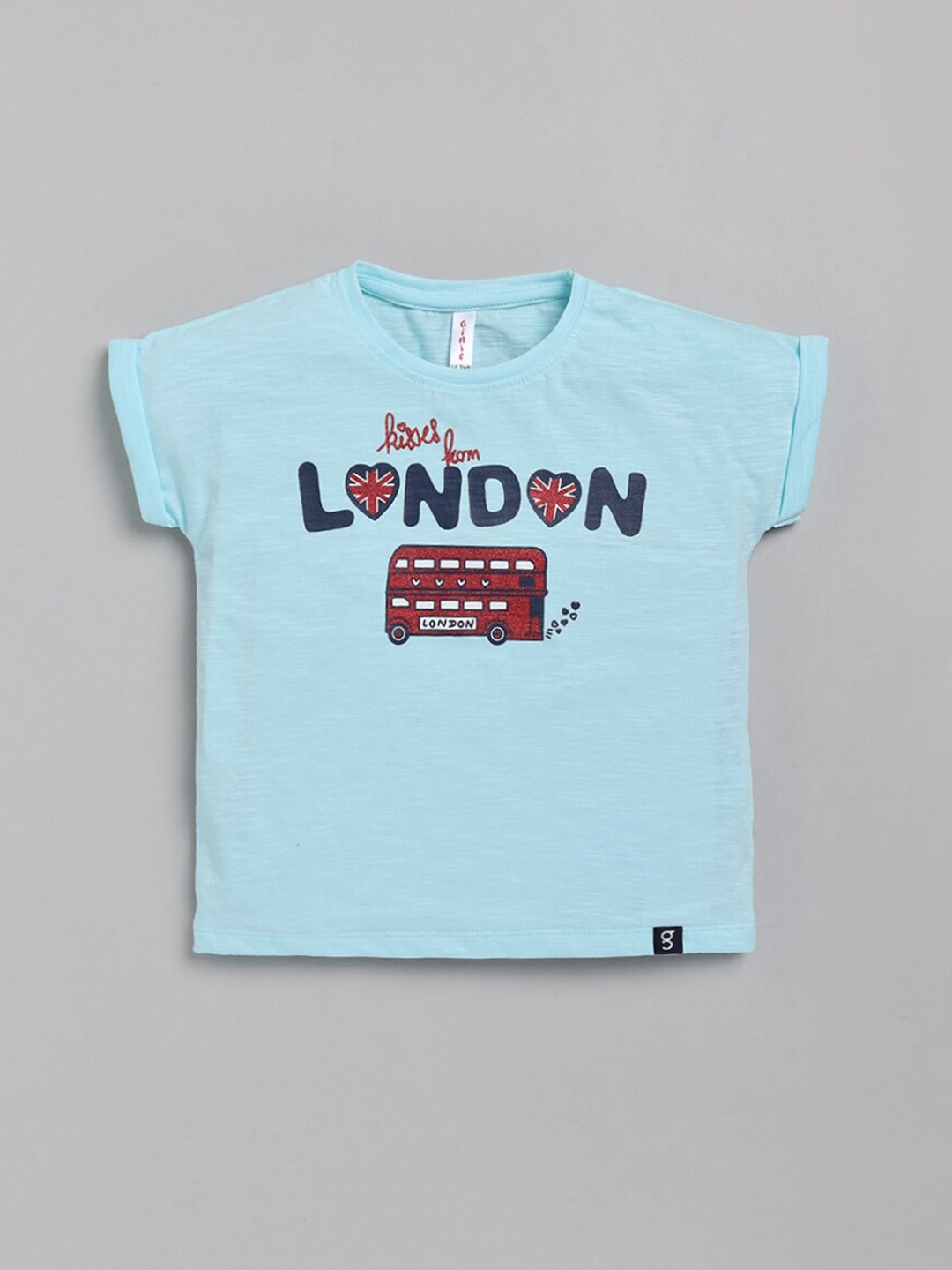 

Ginie Girls Blue Typography Printed V-Neck Applique T-shirt