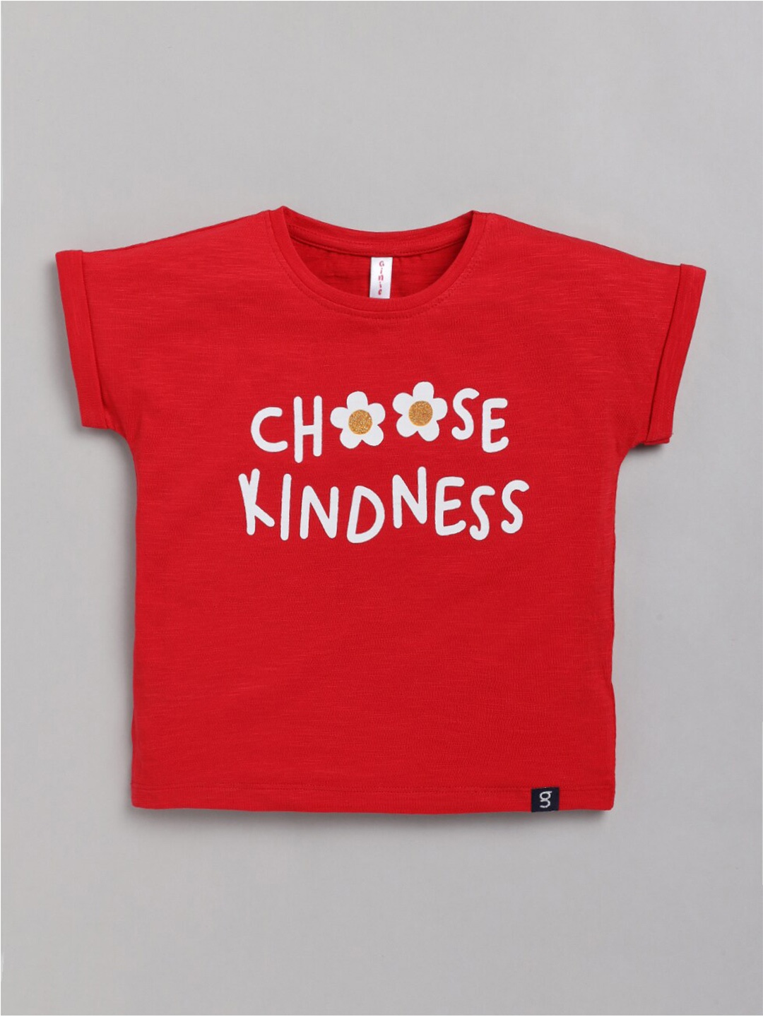 

Ginie Girls Red Typography Printed Applique T-shirt
