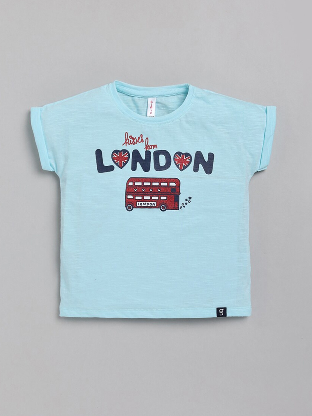 

Ginie Girls Blue Typography Printed V-Neck Applique T-shirt