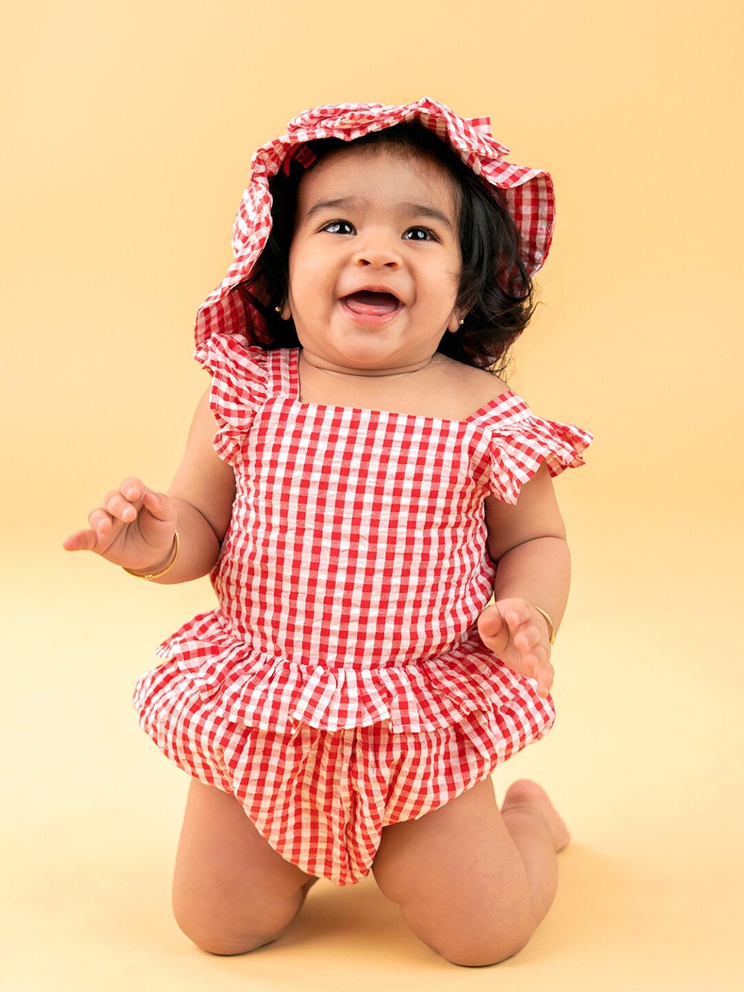 

haus & kinder Infants Checked Pure Cotton Bodysuit With Cap, Red