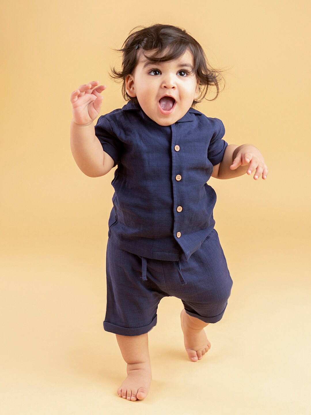 

haus & kinder Infants Cuban Collar Pure Cotton Shirt With Shorts, Navy blue
