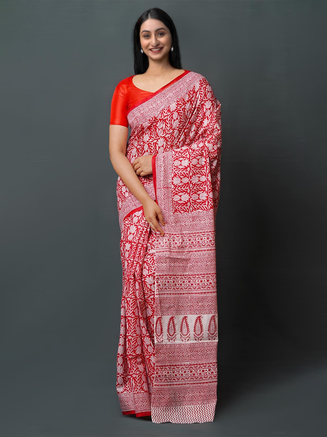 

Unnati Silks Ethnic Motifs Block Printed Pure Cotton Saree, Red