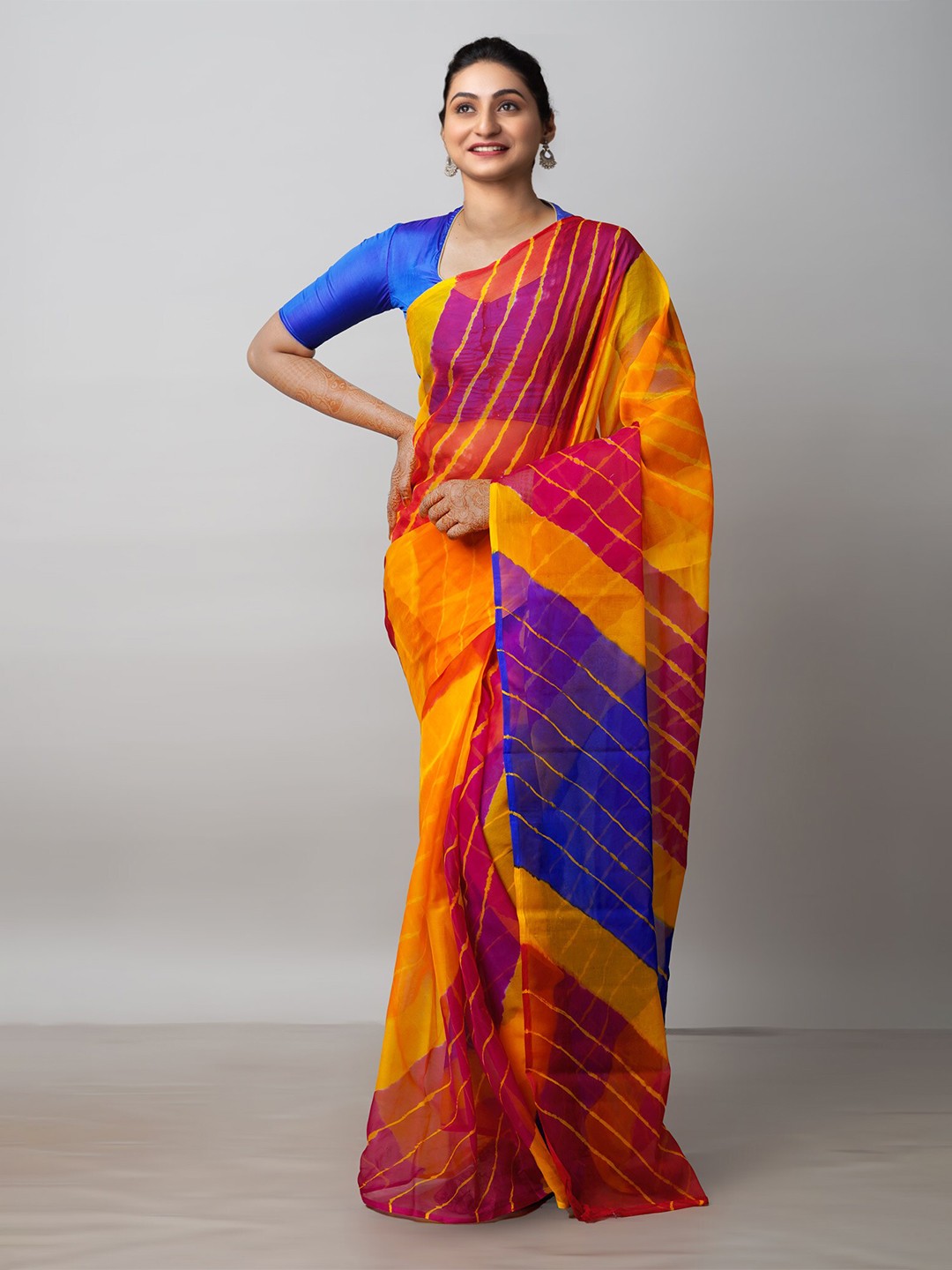 

Unnati Silks Tie and Dye Poly Chiffon Leheriya Saree, Blue