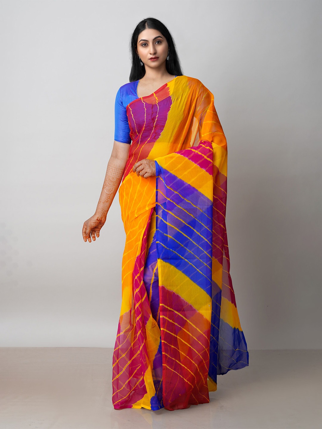 

Unnati Silks Tie and Dye Poly Chiffon Leheriya Saree, Blue