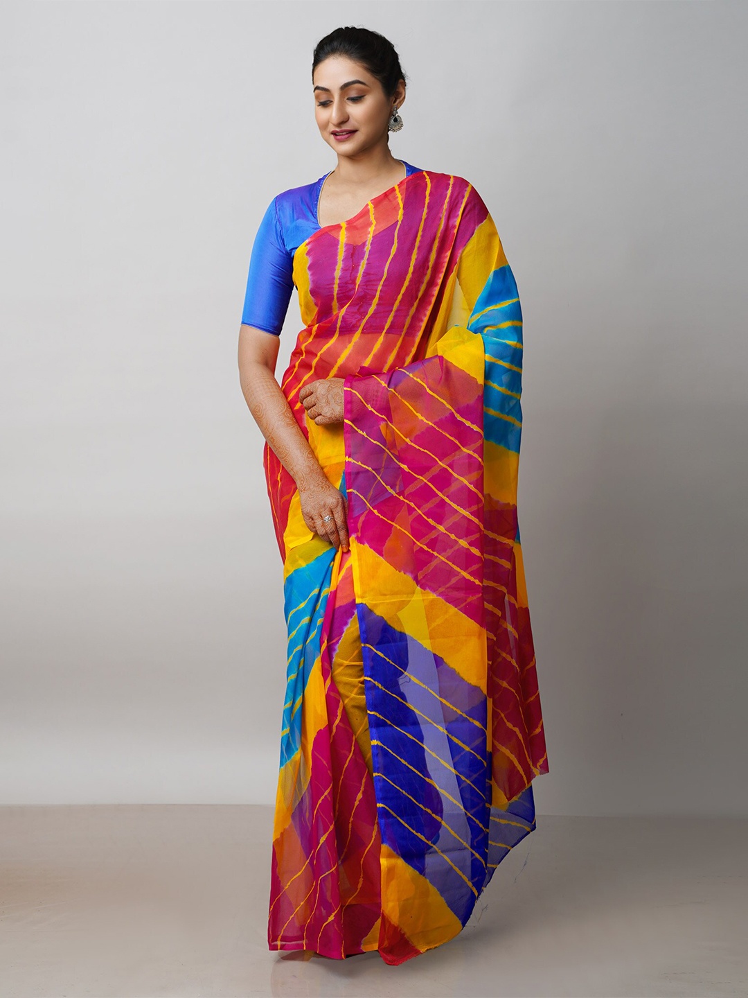 

Unnati Silks Tie and Dye Poly Chiffon Leheriya Saree, Blue