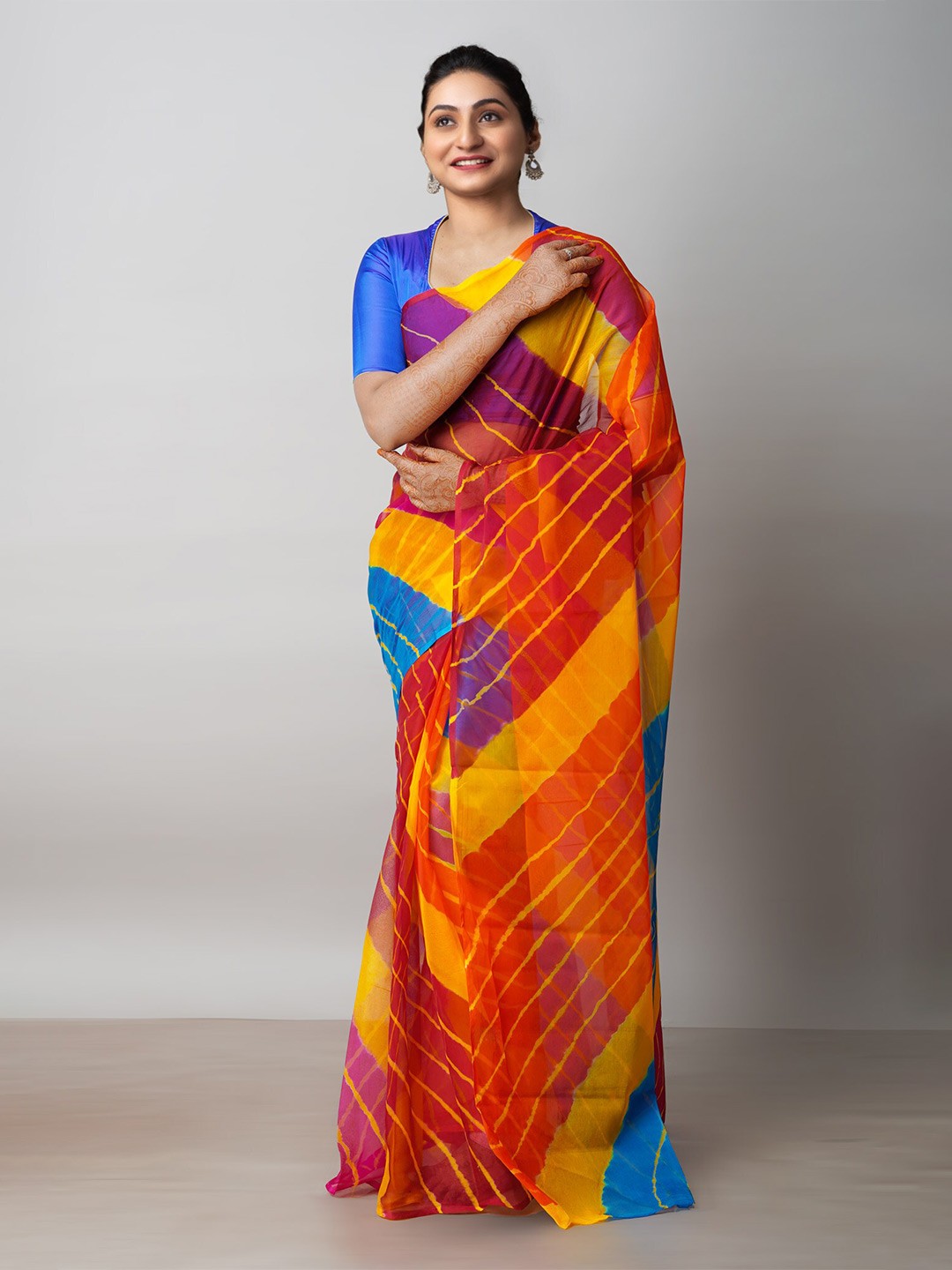 

Unnati Silks Tie and Dye Poly Chiffon Leheriya Saree, Blue