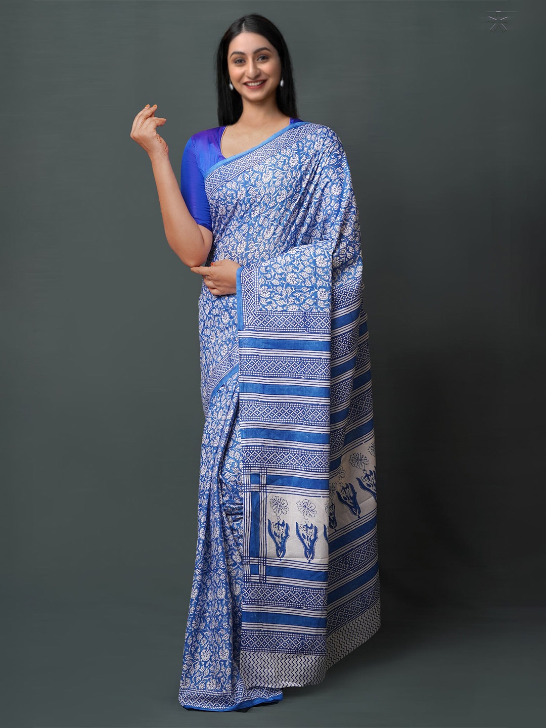 

Unnati Silks Ethnic Motifs Printed Pure Cotton Block Print Saree, Blue