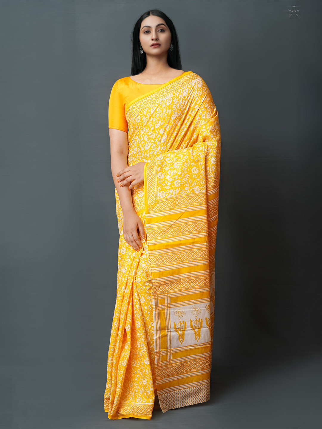

Unnati Silks Ethnic Printed Motifs Pure Cotton Block Print Saree, Yellow