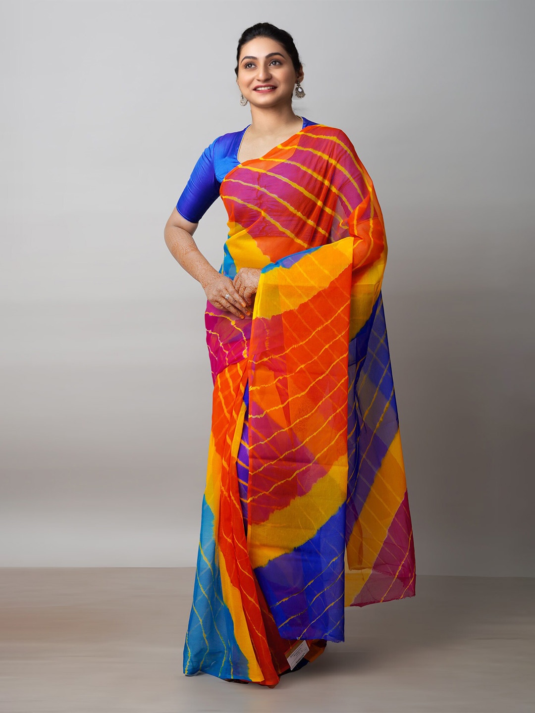 

Unnati Silks Tie and Dye Poly Chiffon Leheriya Saree, Blue
