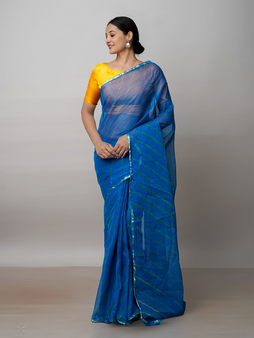 

Unnati Silks Leheriya Printed Zari Poly Chiffon Saree, Blue