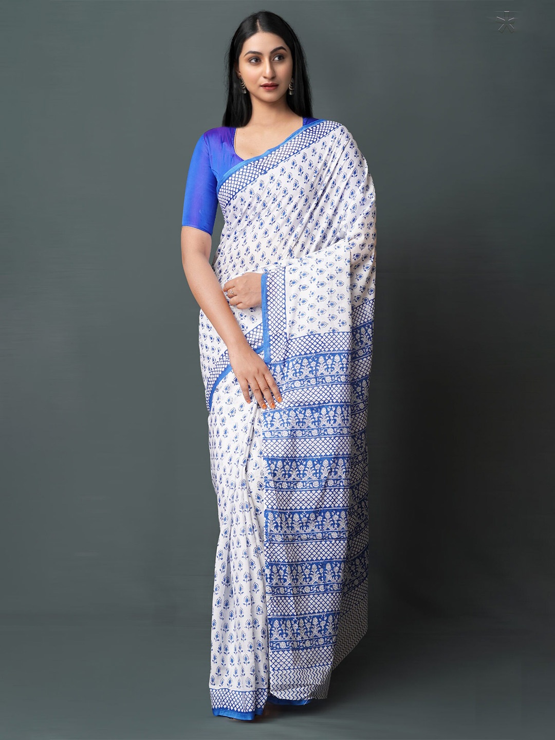 

Unnati Silks Ethnic Motifs Printed Pure Cotton Block Print Saree, White