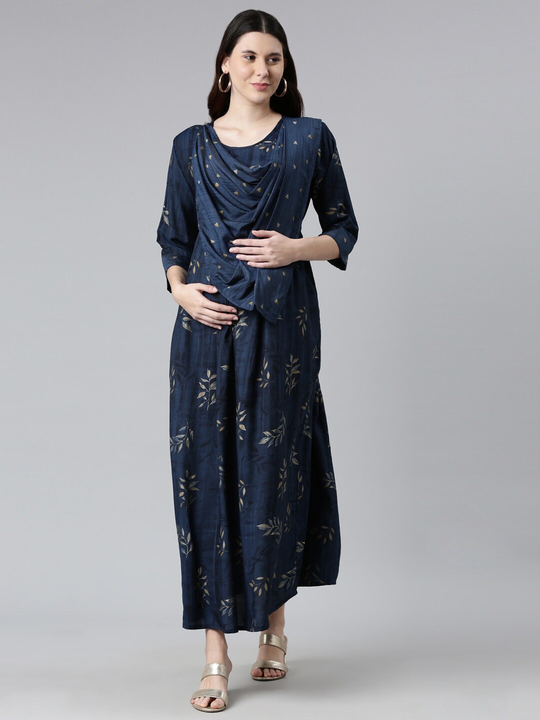 

GOLDSTROMS Floral Printed Maternity A-line Midi Dress, Navy blue