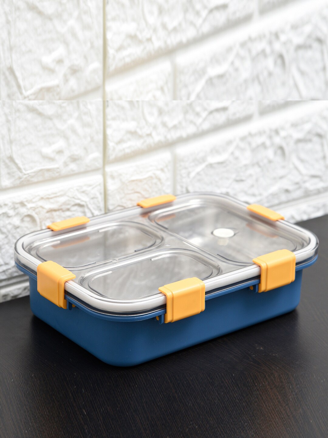 

Kuber Industries Blue Stainless Steel 3 Compartments Lunch Box
