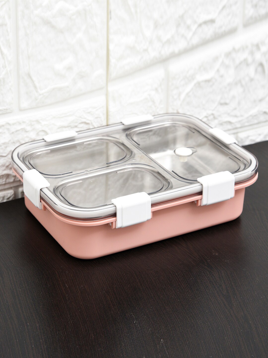 

Kuber Industries Pink 3 Compartments Lunch Box