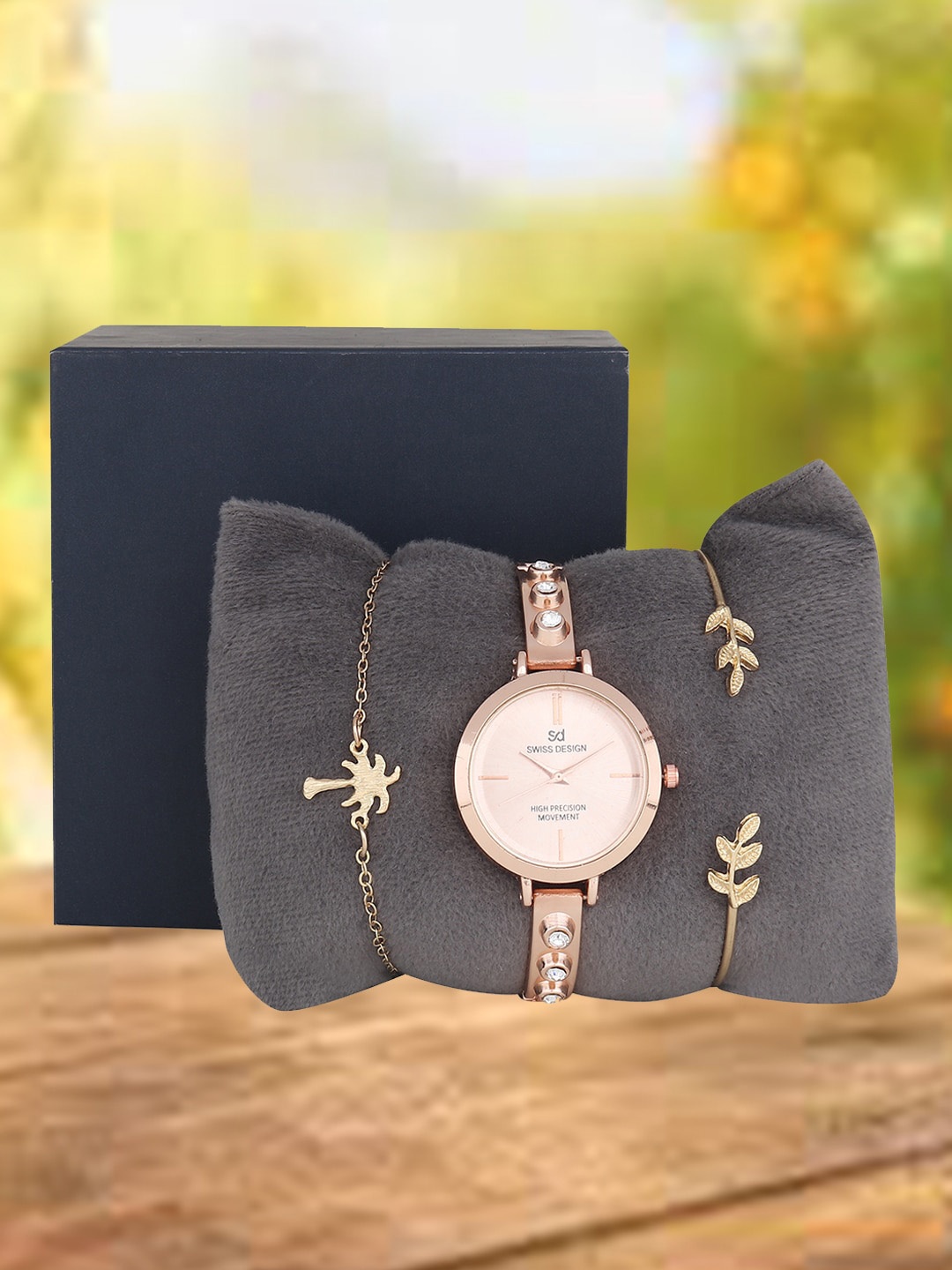 

Swiss Design Women Embellished Dial Straps Analogue Watch Gift Set SDWJ Set-97, Rose gold