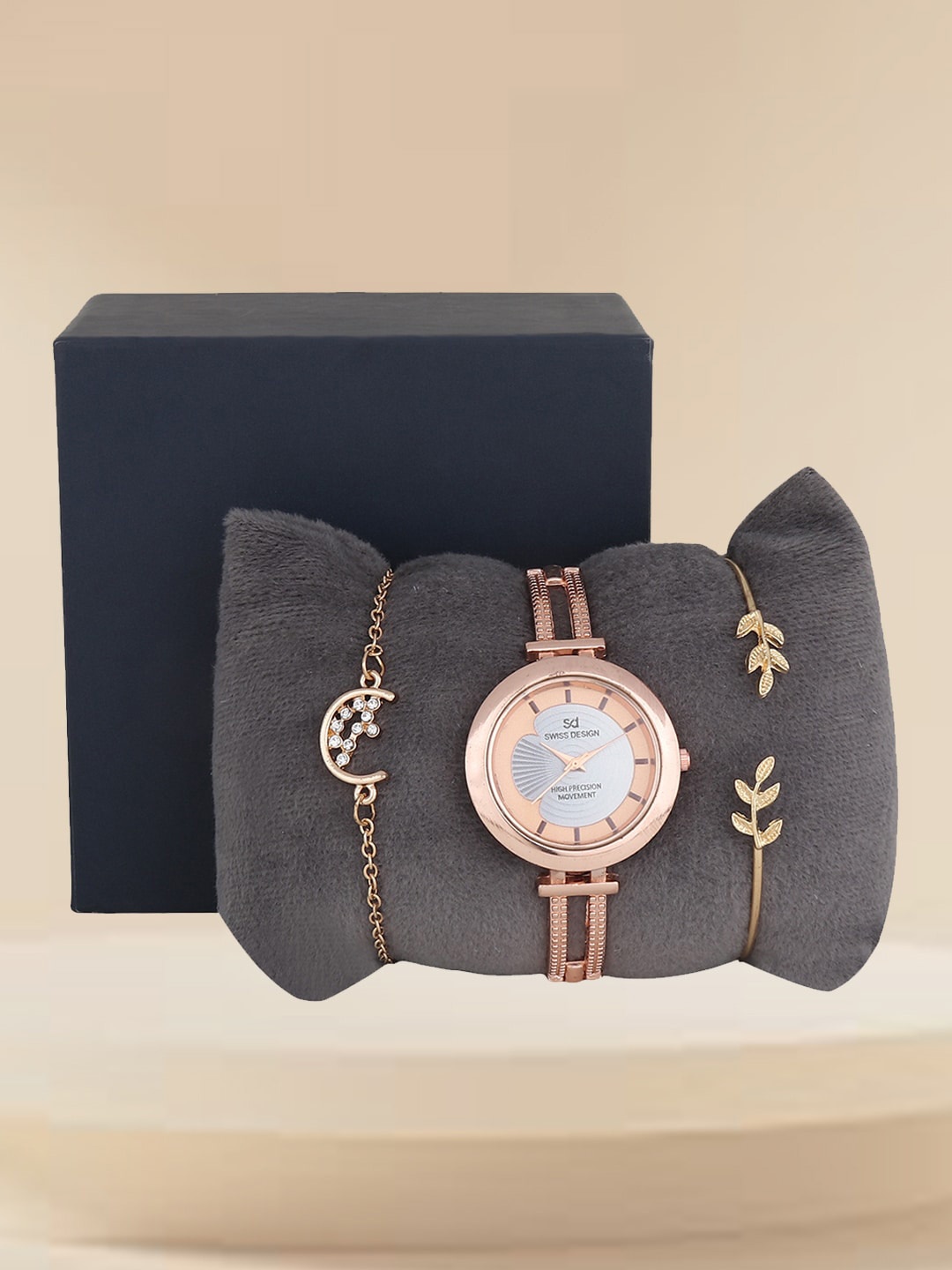 

Swiss Design Women Embellished Dial Straps Analogue Watch Gift Set SDWJ Set-96, Rose gold