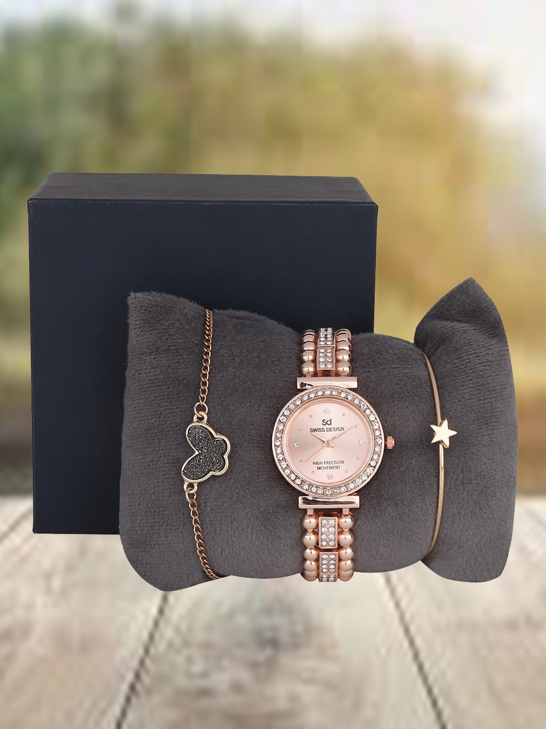 

Swiss Design Women Embellished Straps Analogue Watch Gift Set SDWJ Set-100, Rose gold