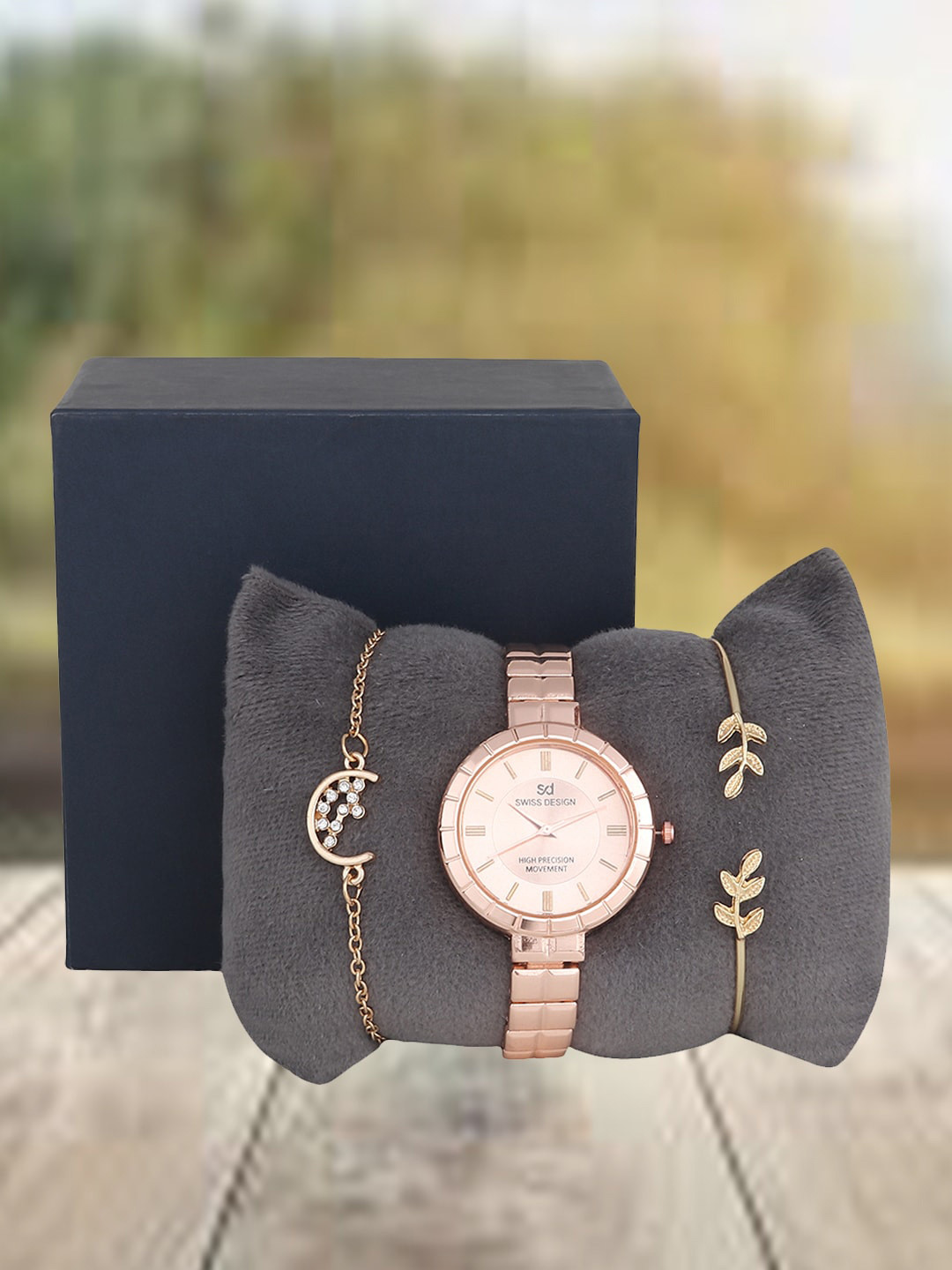 

Swiss Design Women Embellished Dial & Bracelet Style Straps Watch & Jewellery SDWJ Set-118, Rose gold