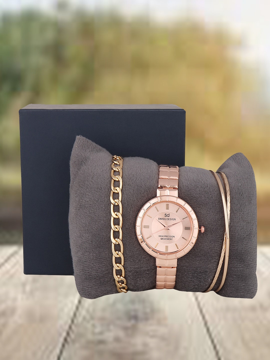 

Swiss Design Women Embellished Dial & Straps Analogue Watch & Jewellery SDWJ Set-117, Rose gold