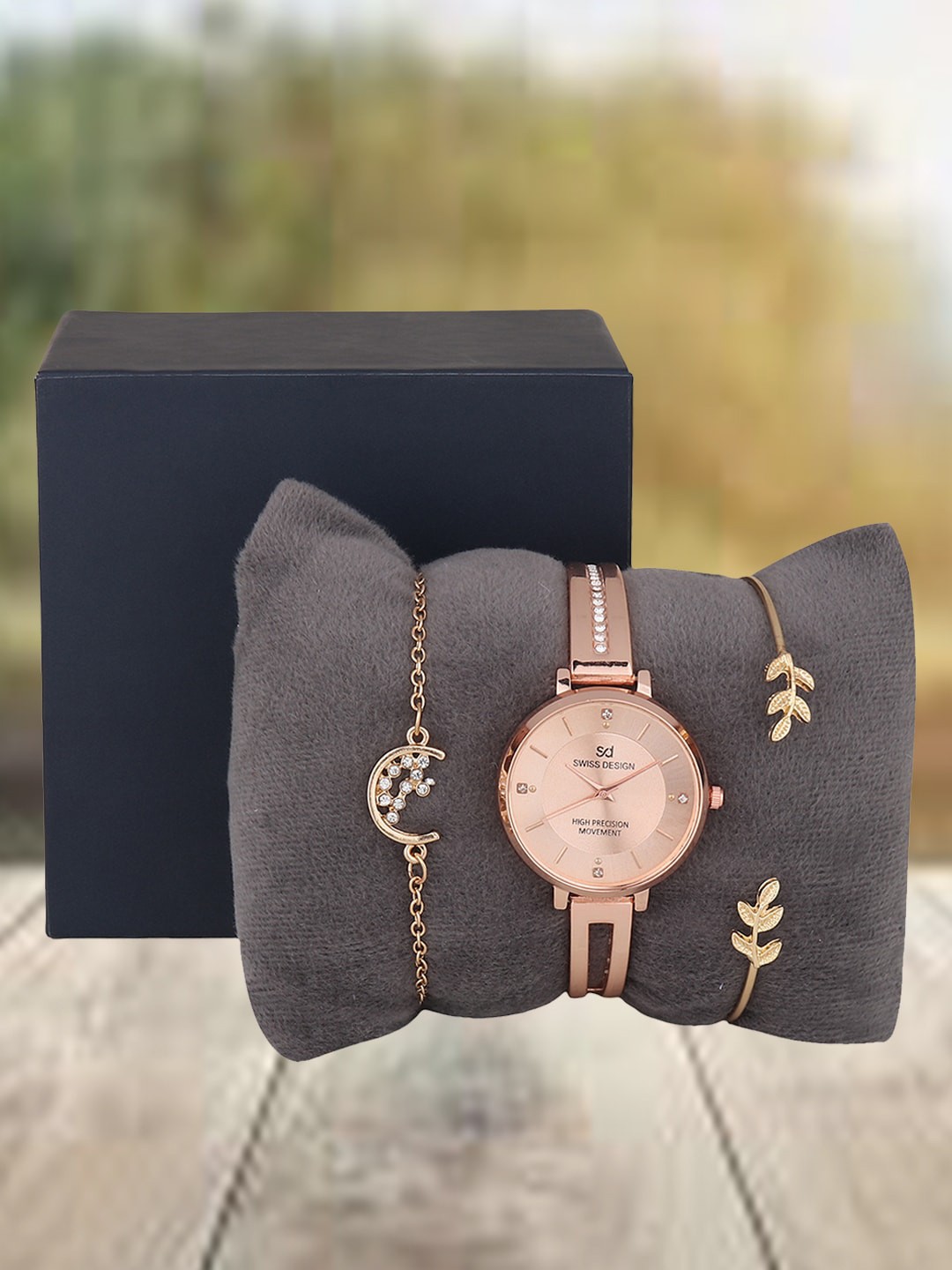 

Swiss Design Women Embellished Dial & Bracelet Style Straps Watch & Jewellery SDWJ Set-93, Rose gold