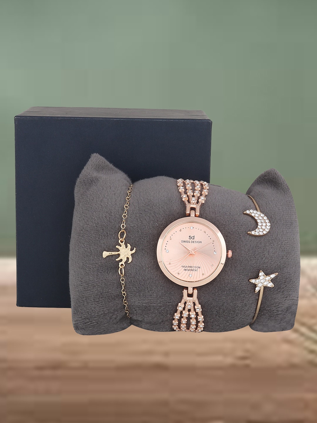 

Swiss Design Women Straps Analogue Watch & Jewellery SDWJ Set-107, Rose gold