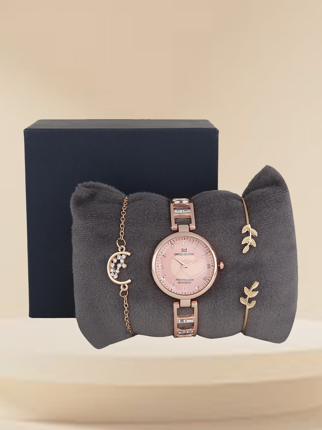 

Swiss Design Women Printed Dial & Straps Analogue Watch & Jewellery SDWJ Set-92, Rose gold