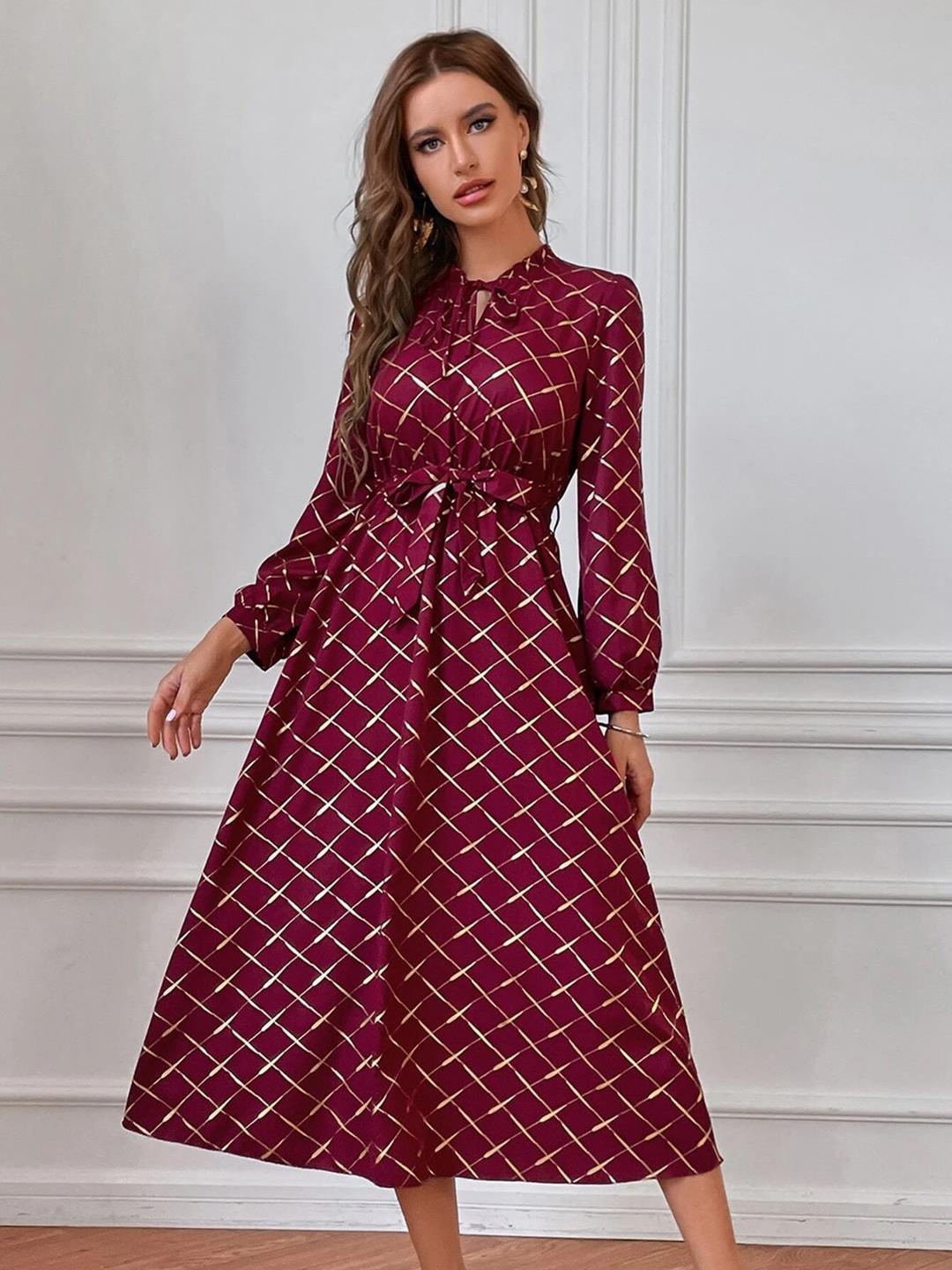 

Kotty Maroon Checked Printed Tie-Up Neck Puff Sleeves Fit & Flare Midi Dress