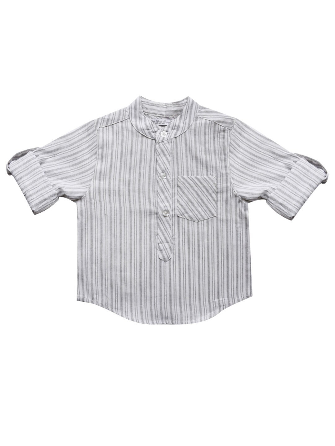 

milou Boys Striped Band Collar Roll-Up Sleeves Pure Cotton Casual Shirt, White