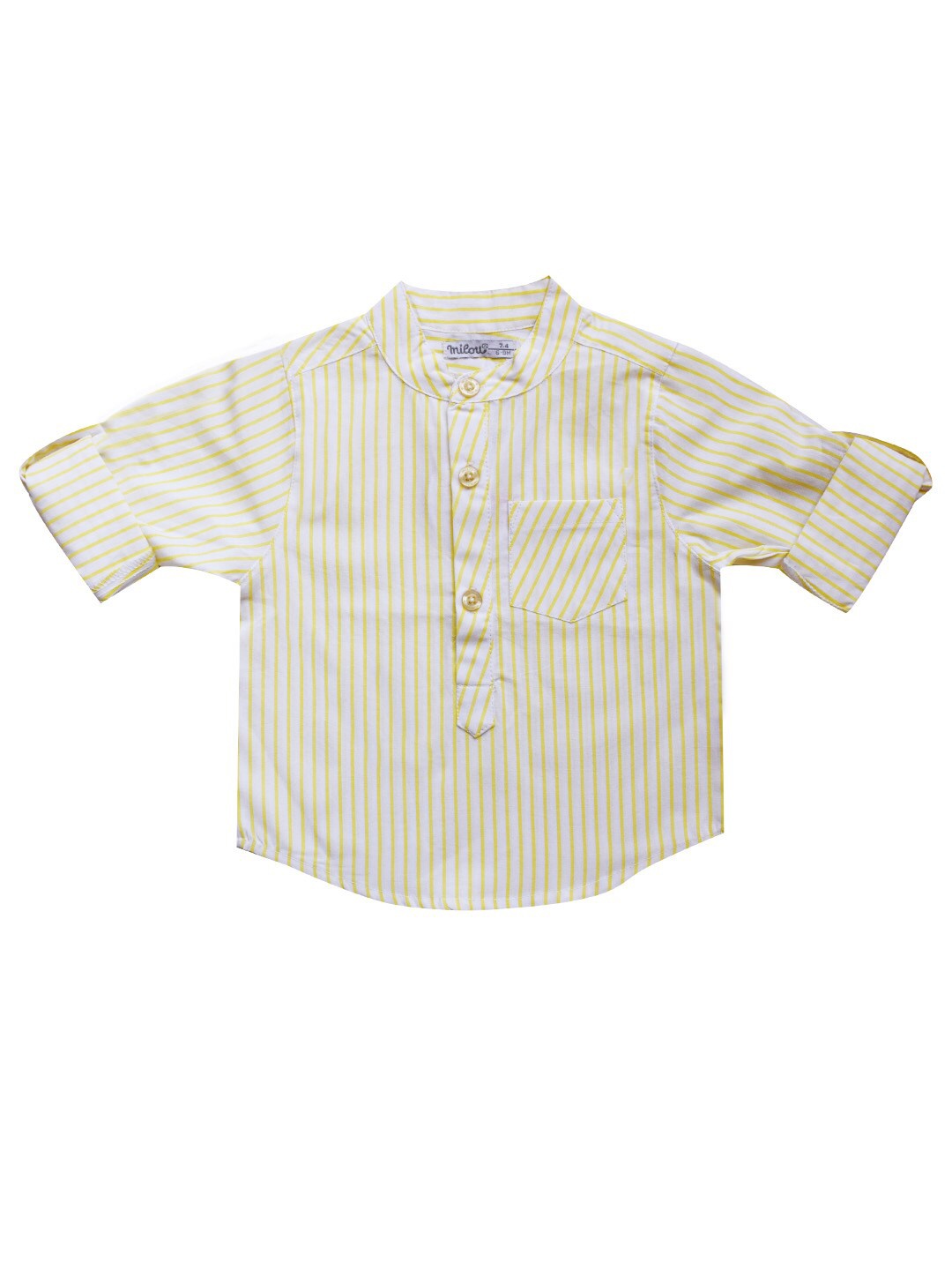 

milou Boys Striped Band Collar Roll-Up Sleeves Pure Cotton Casual Shirt, Yellow