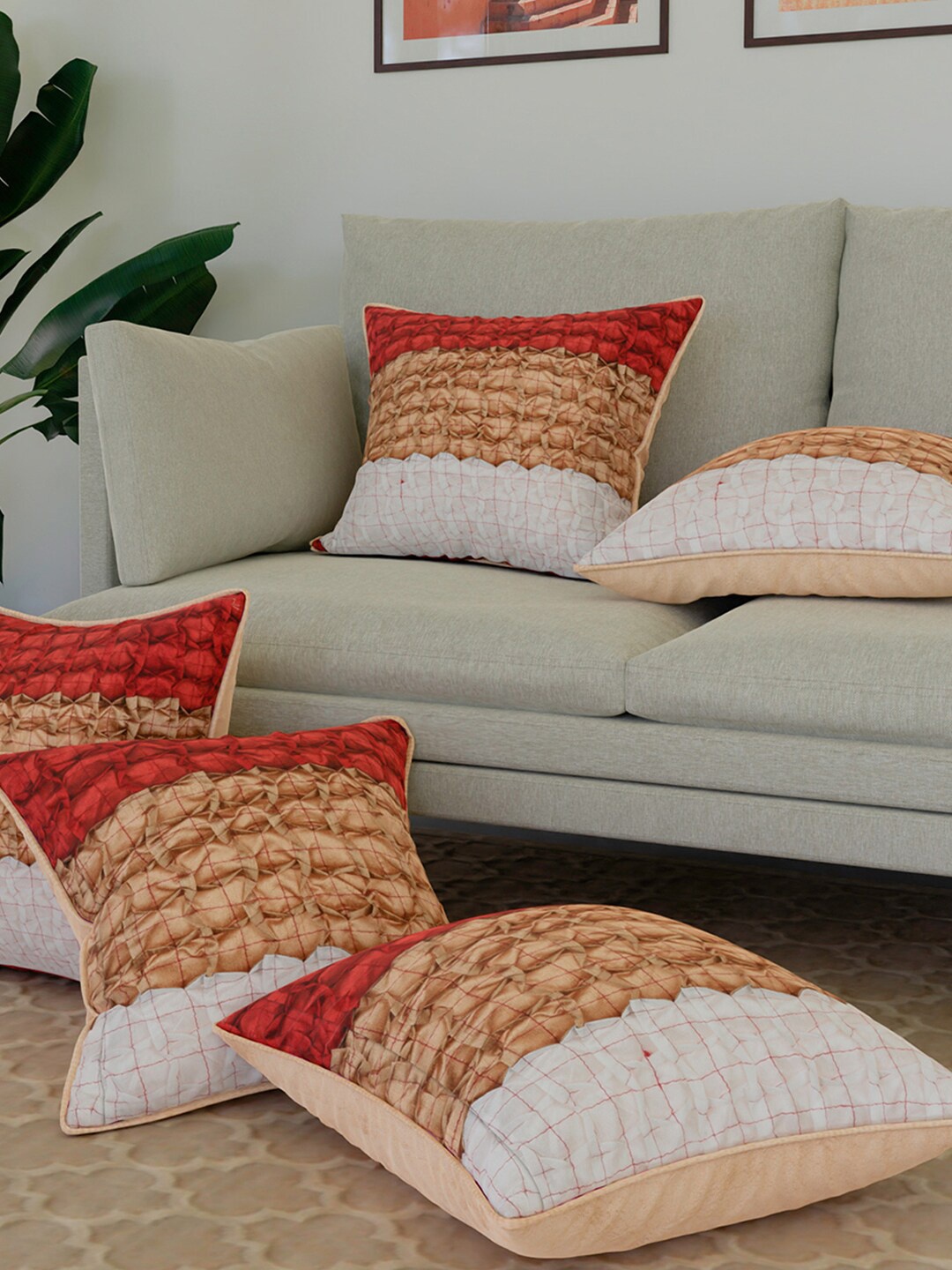 

Kuber Industries White & Red 5 Pieces Striped Square Cotton Cushion Covers