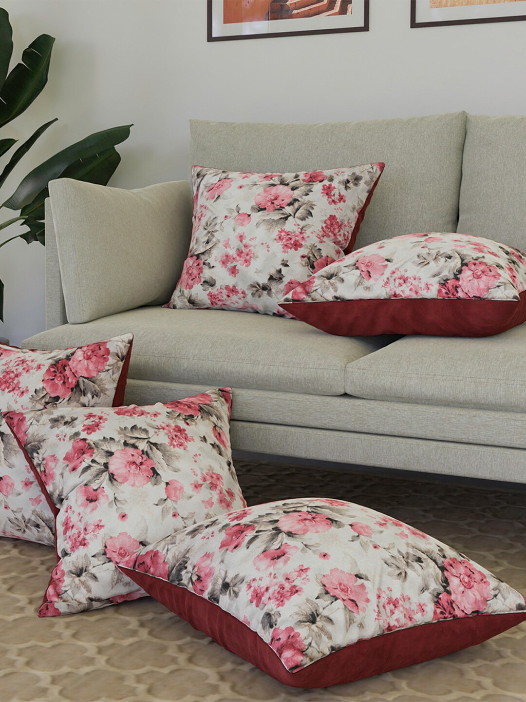 

Kuber Industries Pink & Brown 5 Pieces Floral Square Silk Cushion Covers