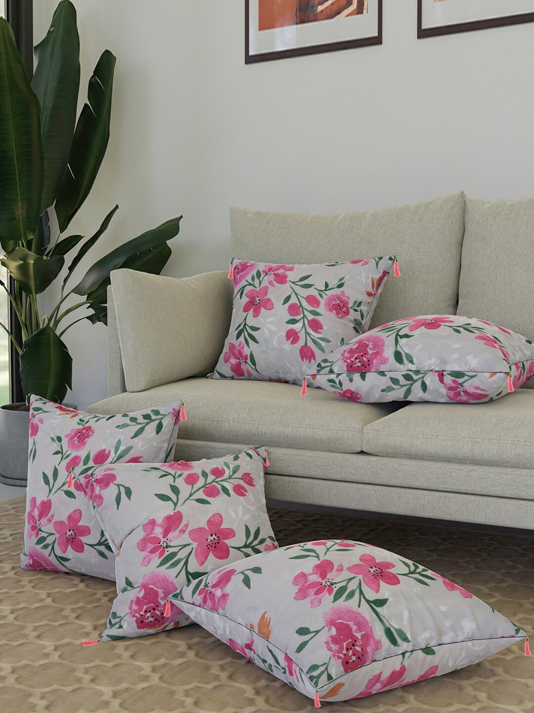 

Kuber Industries White & Pink 5 Pieces Floral Cotton Square Cushion Covers