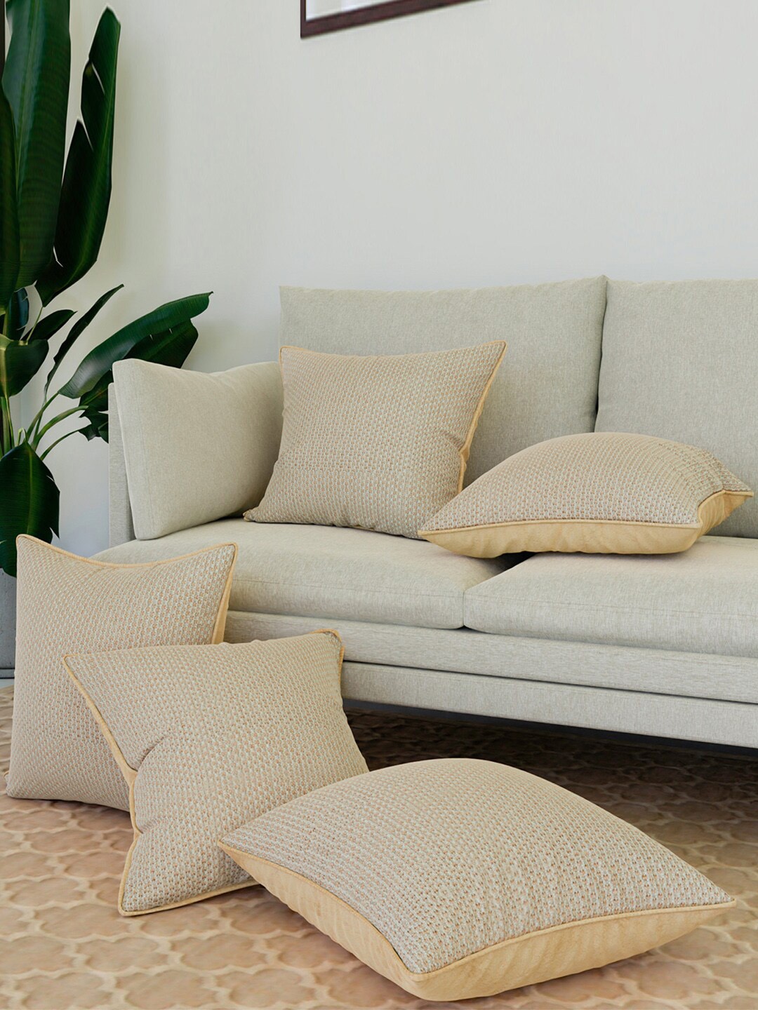 

Kuber Industries Cream-Coloured 5 Pieces Self Design Jute Cotton Square Cushion Covers
