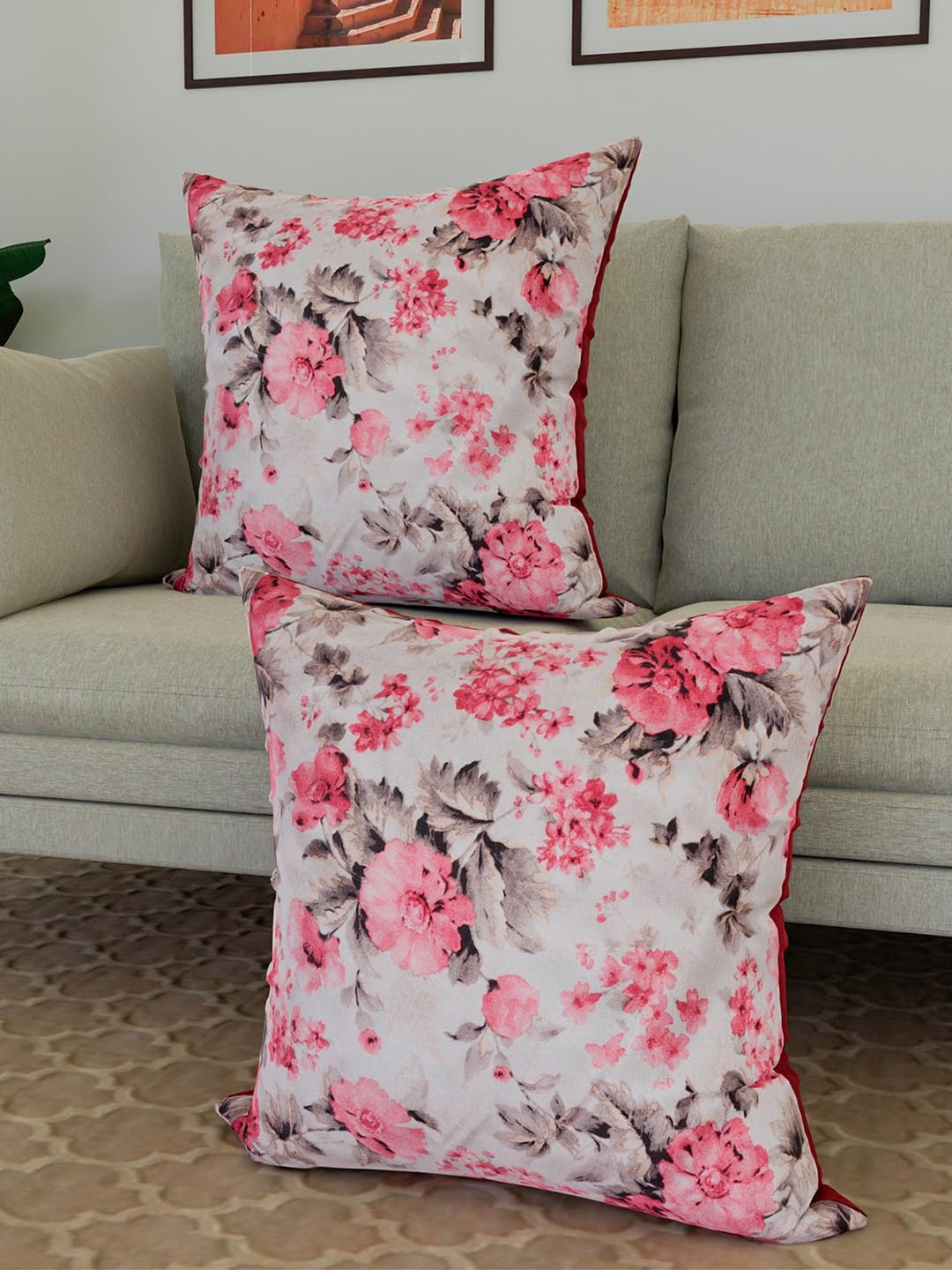 

Kuber Industries White & Pink 2 Pieces Floral Square Silk Cushion Covers