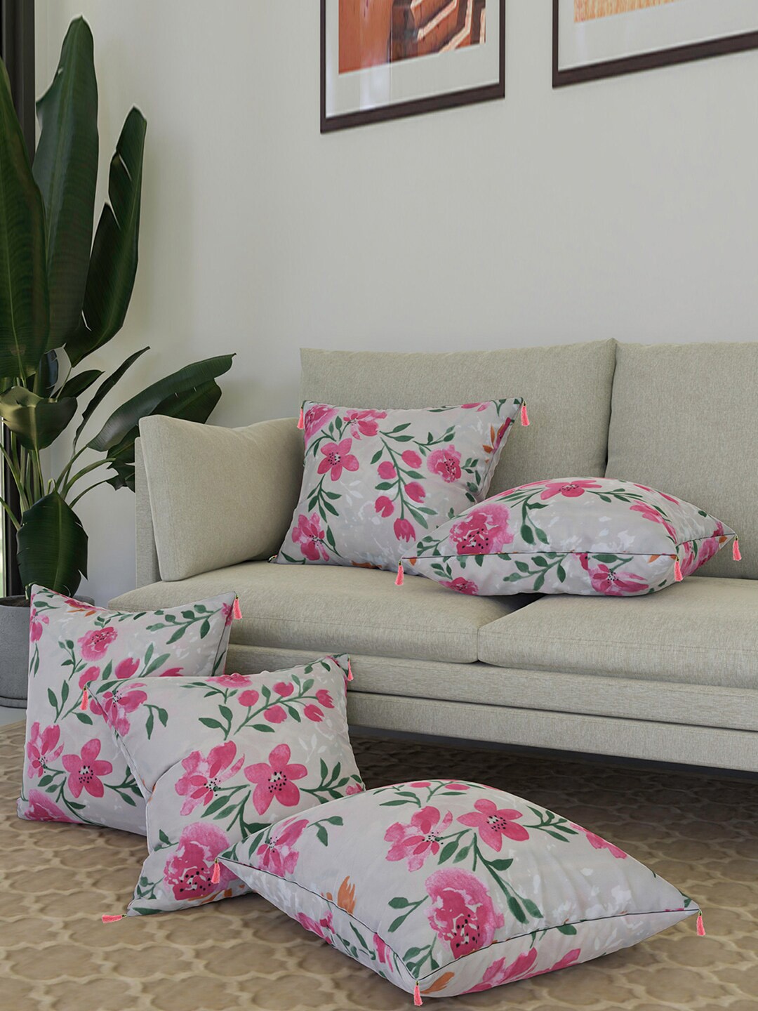 

Kuber Industries White & Pink 5 Pieces Floral Square Cotton Cushion Covers