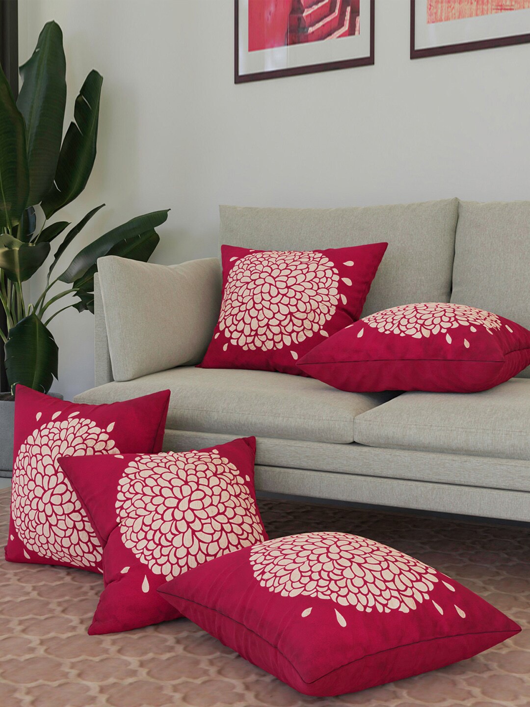 

Kuber Industries Pink & Gold-Toned 5 Pieces Floral Velvet Square Cushion Covers