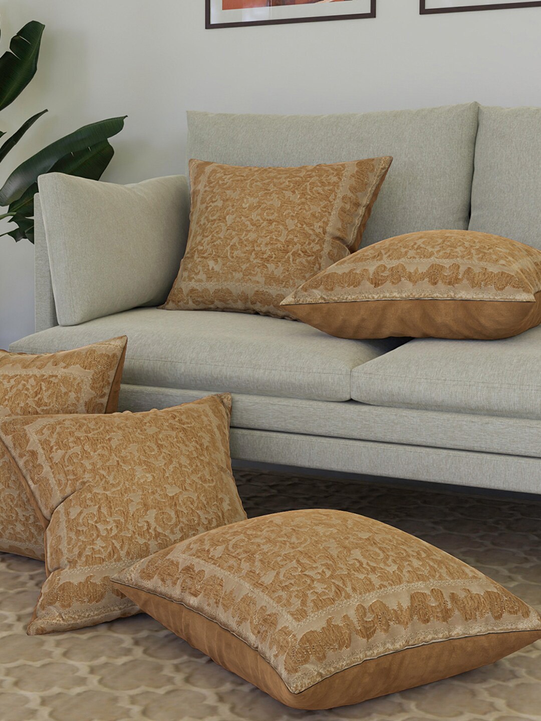 

Kuber Industries Embossed Brown & Beige 5 Pieces Floral Square Cushion Covers
