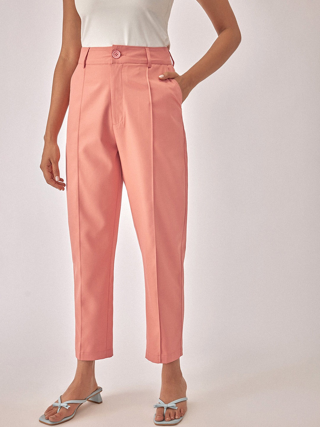 

The Label Life Women Tapered Fit High-Rise Pleated Trousers, Pink