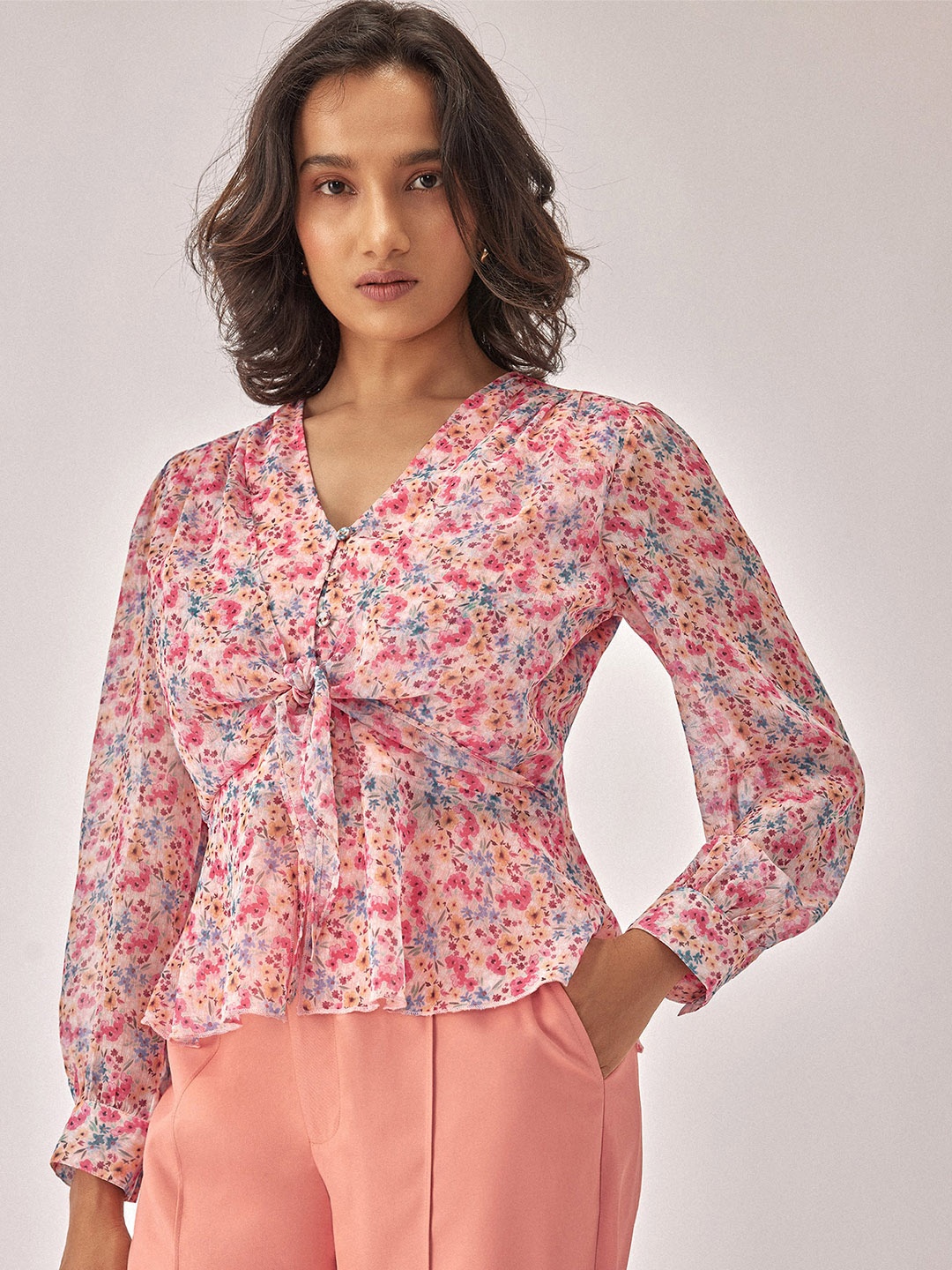 

The Label Life Pink Floral Print Chiffon Cinched Waist Top